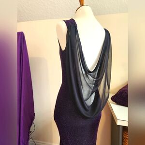 Purple shimmer chiffon cowl back formal gown